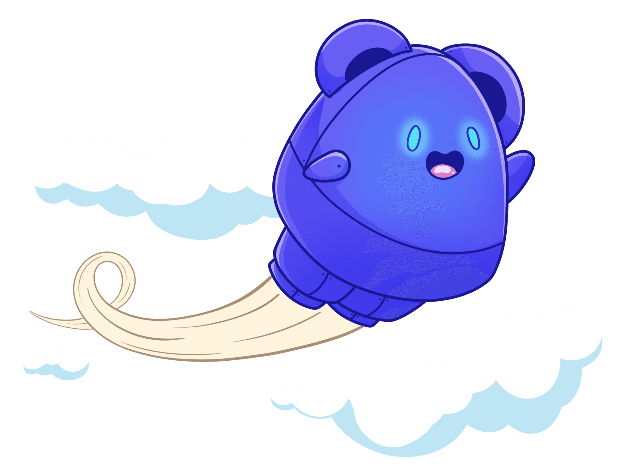 Happy robotic pettbro flying among the clouds